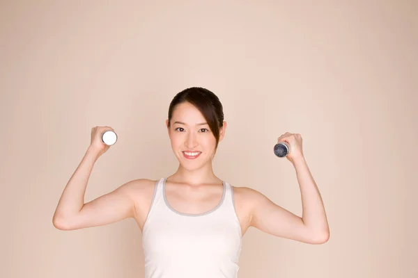 Asian Young Woman Dumbbells — Stock Photo, Image
