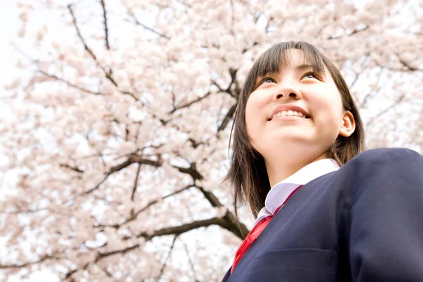 Retrato Hermosa Chica Japonesa Uniforme Escolar Fondo Del Cerezo Flor —  Fotos de Stock