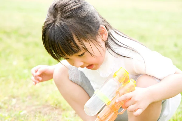 Portrait Cute Little Asian Girl Toy Summer Park — Stock Photo, Image