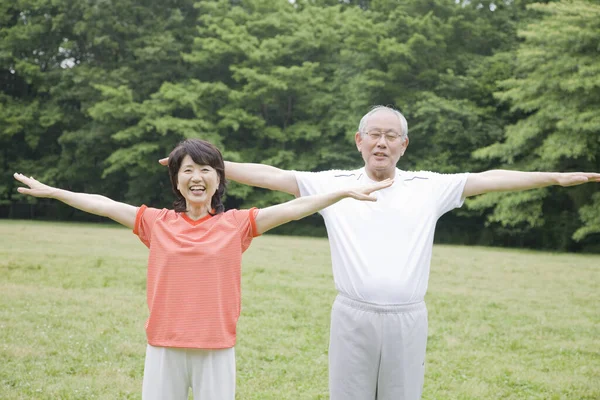 Portrait Couple Asiatique Senior Faisant Exercice Dans Parc — Photo