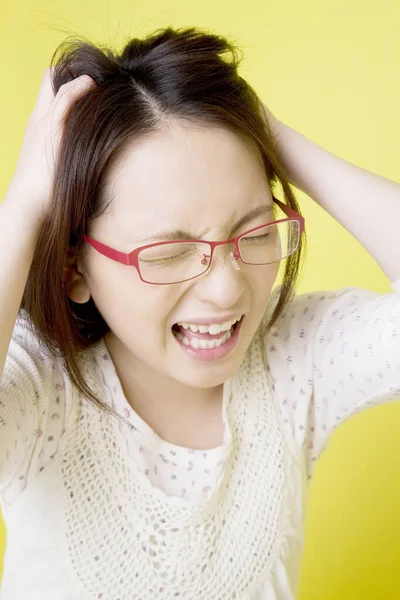 Portrait Emotional Woman Eyeglasses Screaming Isolated Yellow Background — Stock Photo, Image