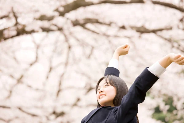Portré Gyönyörű Japán Lány Iskolai Egyenruhában Háttérben Virágzó Cseresznyefa — Stock Fotó