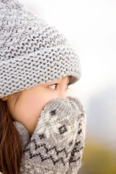Japanese Woman Mittens Winter Outdoors Stock Picture