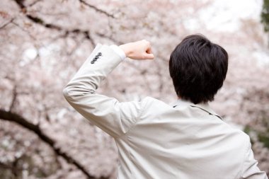 Japon işadamı arka planda kiraz çiçekleriyle parkta poz veriyor