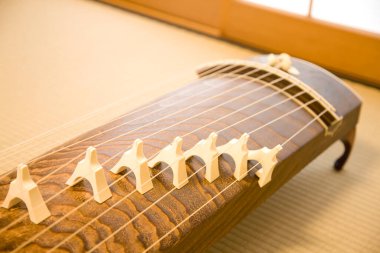 Bir Koto 'nun yakın görüntüsü. Japon sökülen yarım tüp zither enstrümanı