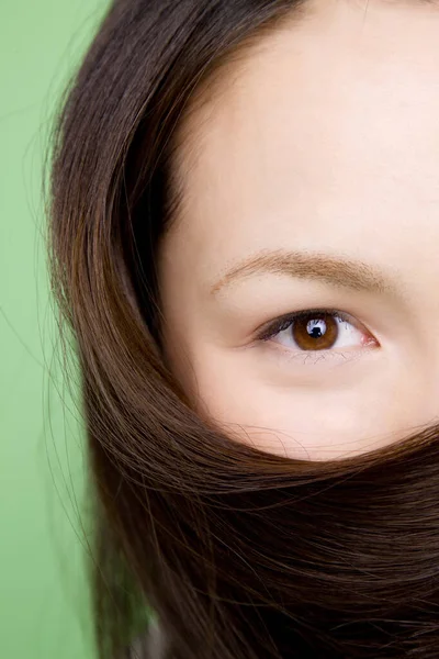 Beautiful Young Asian Woman Covering Face Hair Isolated Background — Stock Photo, Image