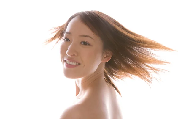 Hermosa Joven Asiática Sonriente Mujer Girando Cabeza —  Fotos de Stock