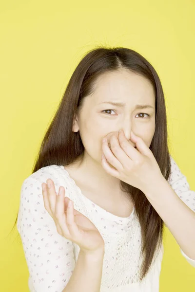 Young Asian Woman Feeling Bad Smell — Stock Photo, Image