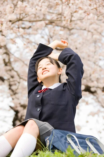 Belle Fille Japonaise Uniforme Scolaire Sur Fond Cerisier Fleurs — Photo