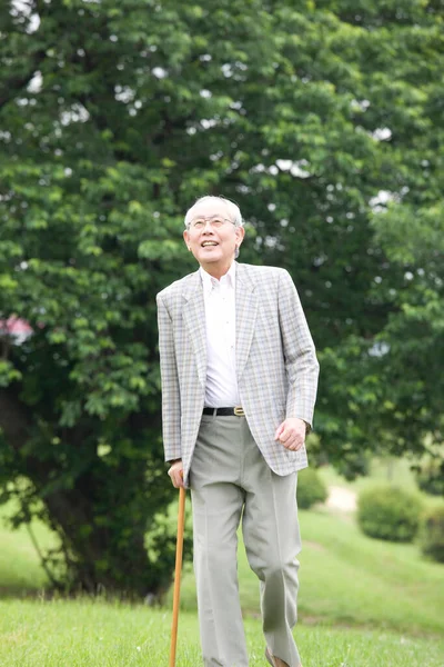 Senioren Japans Man Wandelen Park Met Wandelstok — Stockfoto