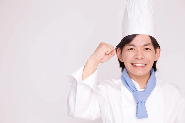 Ritratto Asiatico Maschio Chef Con Alzato Mano — Foto Stock