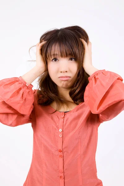 Portrait Frustrated Young Japanese Woman Posing Hands Head Isolated White — Stock Photo, Image
