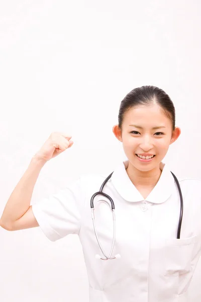 Jovem Asiático Mulher Médico Com Estetoscópio Punho Para Cima — Fotografia de Stock