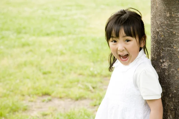 Portrét Roztomilé Malé Asijské Dívky Blízkosti Stromu Letním Parku — Stock fotografie