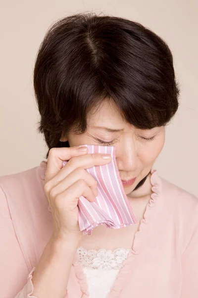 Senior Asian Woman Crying Tissue — Stock Photo, Image