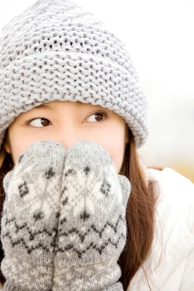 Japanese Woman Mittens Winter Outdoors Stock Image