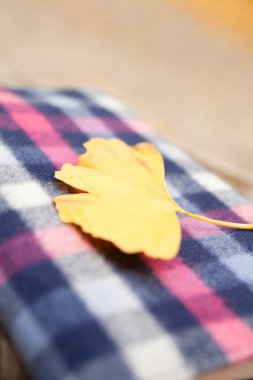 Sonbahar yaprağı ve masada bir ekose.