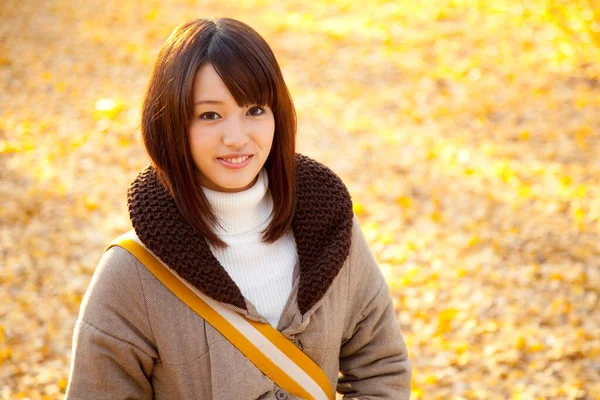 Mladá Krásná Asijská Žena Pózující Podzimním Parku — Stock fotografie