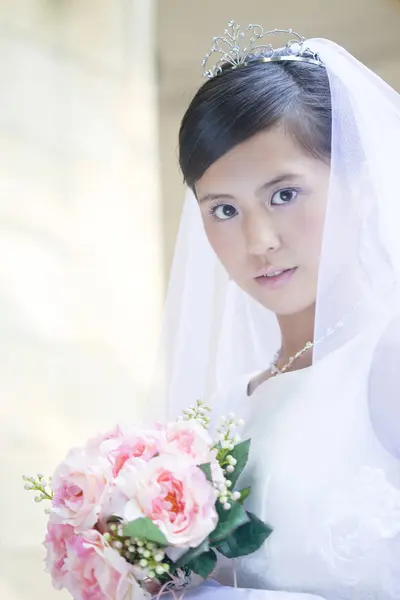 Красивий Азіатський Портрет Нареченої Весільний Ранок — стокове фото