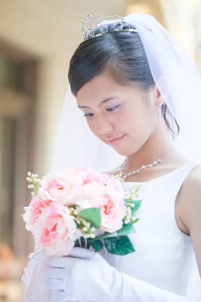 Beau Asiatique Mariée Portrait Dans Mariage Matin — Photo