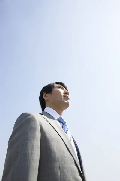 Portrait Confident Japanese Businessman Blue Sky — Stock Photo, Image