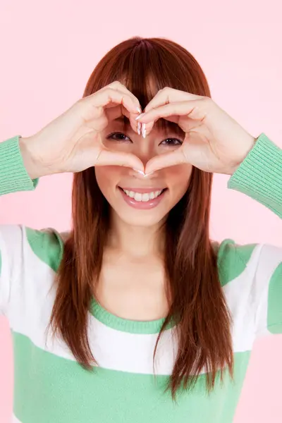 Portrait Young Asian Woman Making Heart Shape Fingers — Stock Photo, Image