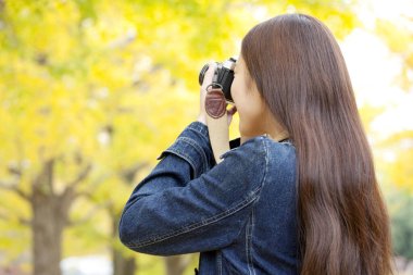 Parkta kameralı genç kadın fotoğrafçı.