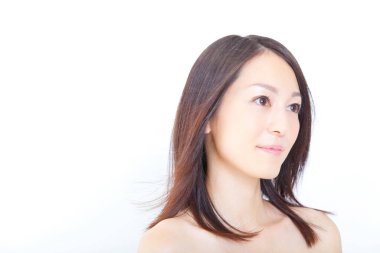 Beauty japanese brunette, closeup on white background  