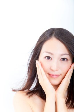 Beauty japanese brunette, closeup on white background  