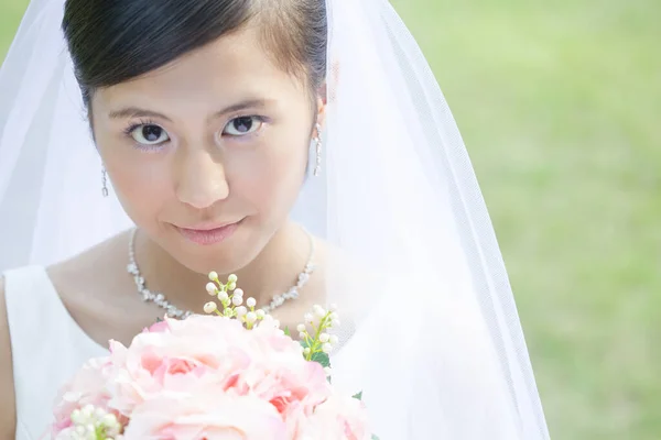 Vacker Asiatisk Brud Porträtt Bröllop Morgon — Stockfoto