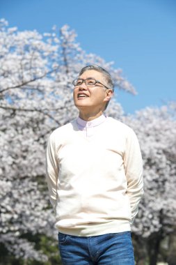 Parktaki çiçek açan ağaçlı yaşlı Asyalı adam.