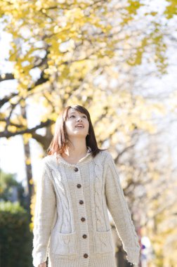 Genç Asyalı kadının sonbahar parkındaki portresi.