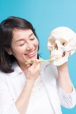 asian dentist   showing how to brush teeth on  skull 