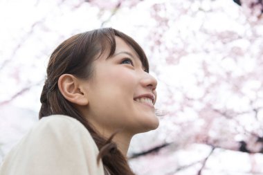 Parkta çiçek açan sakura ağaçlarıyla poz veren genç Asyalı kadın.