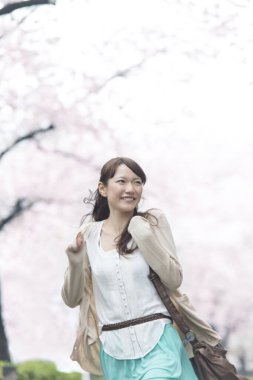 Parkta çiçek açan sakura ağaçlarıyla poz veren genç Asyalı kadın.