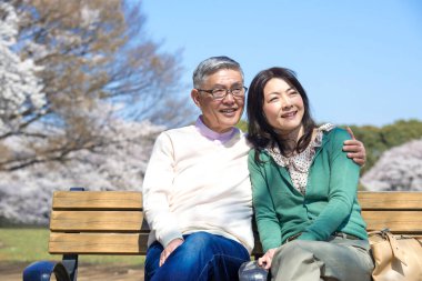 Park 'taki yaşlı Japon çift, kiraz çiçekleri.