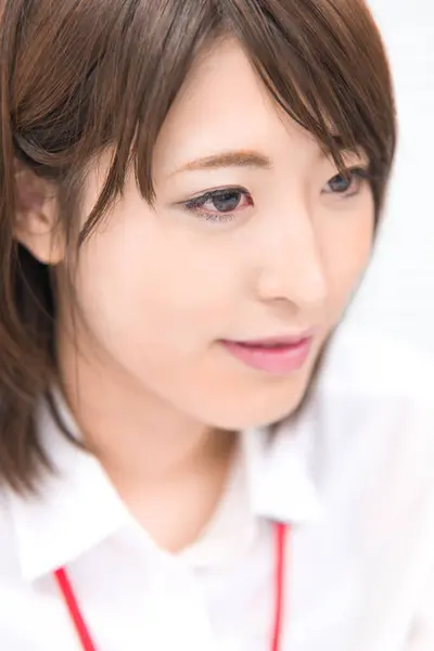 Closeup Portrait Young Japanese Woman White Shirt Isolated White Background — Stock Photo, Image