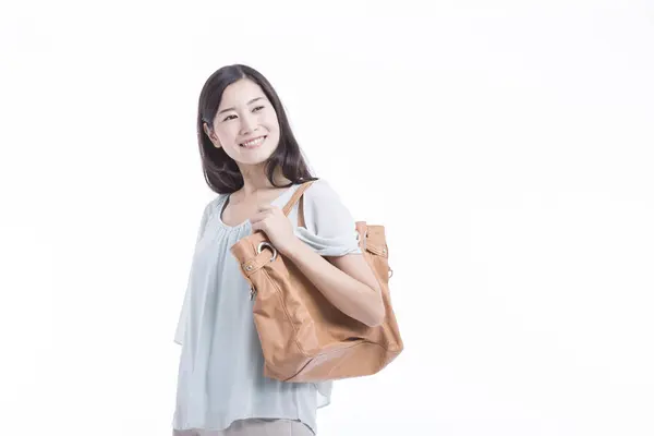 Jeune Femme Asiatique Avec Sac Isolé Sur Fond Blanc Plan — Photo