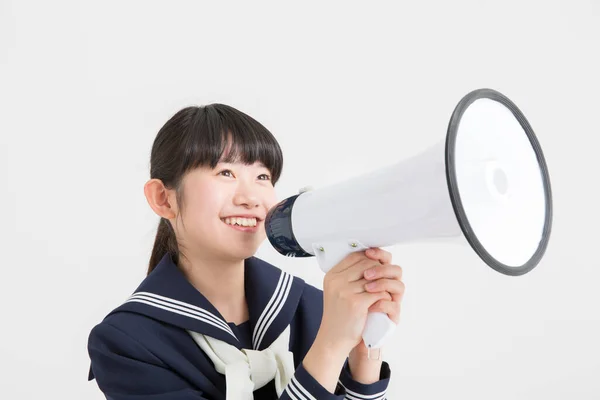 Jong Aziatisch Schoolmeisje Met Megafoon Wit Achtergrond — Stockfoto