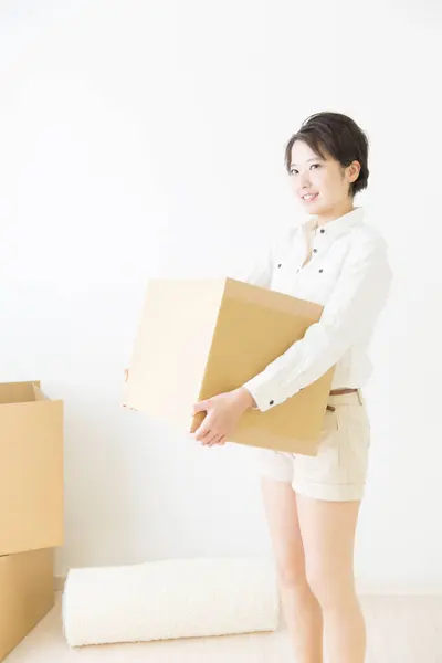 Beautiful Asian Woman Cardboard Boxes Home — Stock Photo, Image