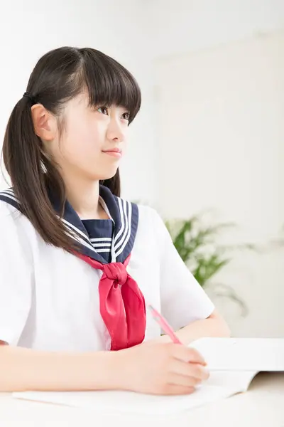 Leende Japansk Elev Skoluniform Studerar Skolan — Stockfoto