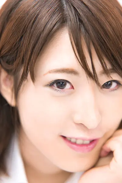 Closeup Portrait Young Japanese Woman White Shirt Isolated White Background — Stock Photo, Image