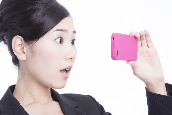 Portrait Beautiful Young Japanese Businesswoman Taking Photo Smartphone Isolated White — Stock Photo, Image