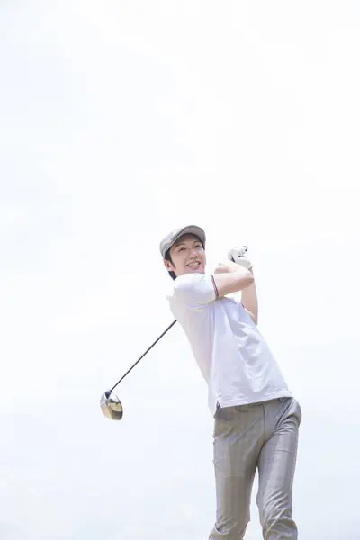 Asian Man White Shirt Gray Pants Playing Golf — Stock Photo, Image
