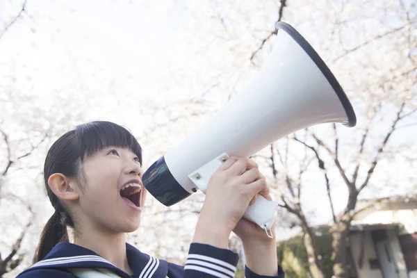 Portrait Beautiful Japanese Student Street Loudspeaker — Stock Photo, Image