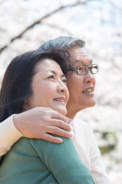 Güzel Asyalı olgun çifti ağaçlarla parka kapatın.