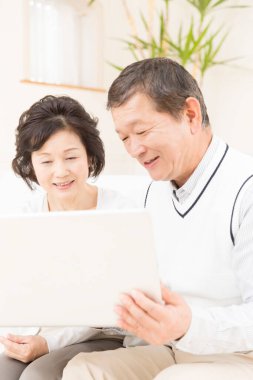 Evde dizüstü bilgisayar kullanan yaşlı bir çift. 