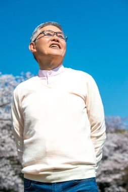 Parktaki çiçek açan ağaçlı yaşlı Asyalı adam.