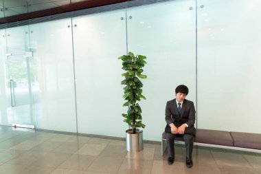 İşadamı yeşil saksının yanında tek başına oturuyor.