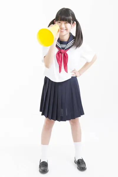 Roztomilý Malý Asijské Dívka Sobě Školní Uniforma Držení Megaphone Bílém — Stock fotografie